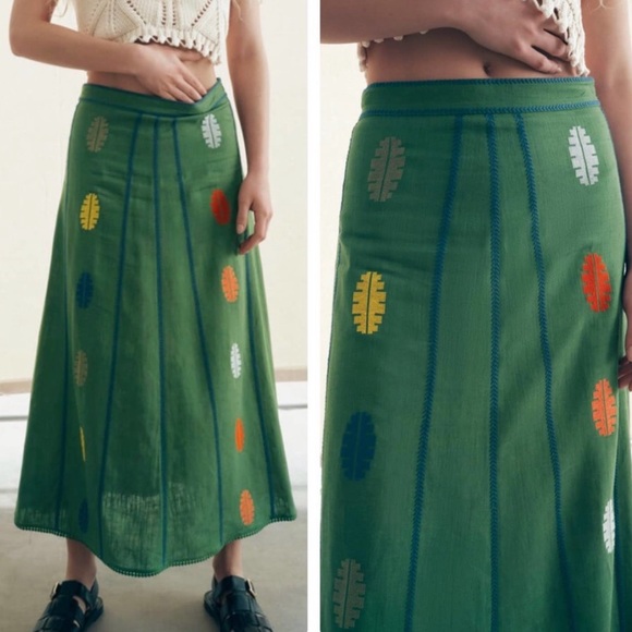 NWT ZARA LINEN MIDI SKIRT EMBROIDERED GREEN - Picture 3 of 4